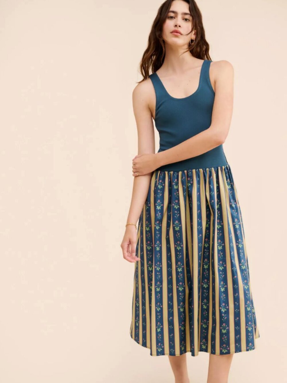 WeWoreWhat Teal Sleeveless Midi Dress with Striped Floral Skirt